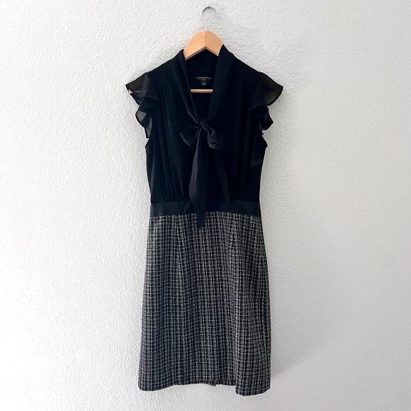 Banana Republic Dress Petite 2P Sheath Black Tweed Secretary Bow Tie Fall Career - Picture 1 of 9
